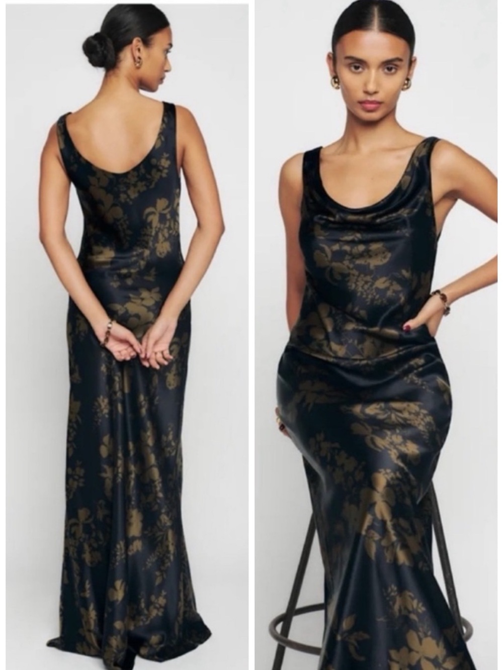 Reformation Black & Gold Floral Satin Maxi Dress